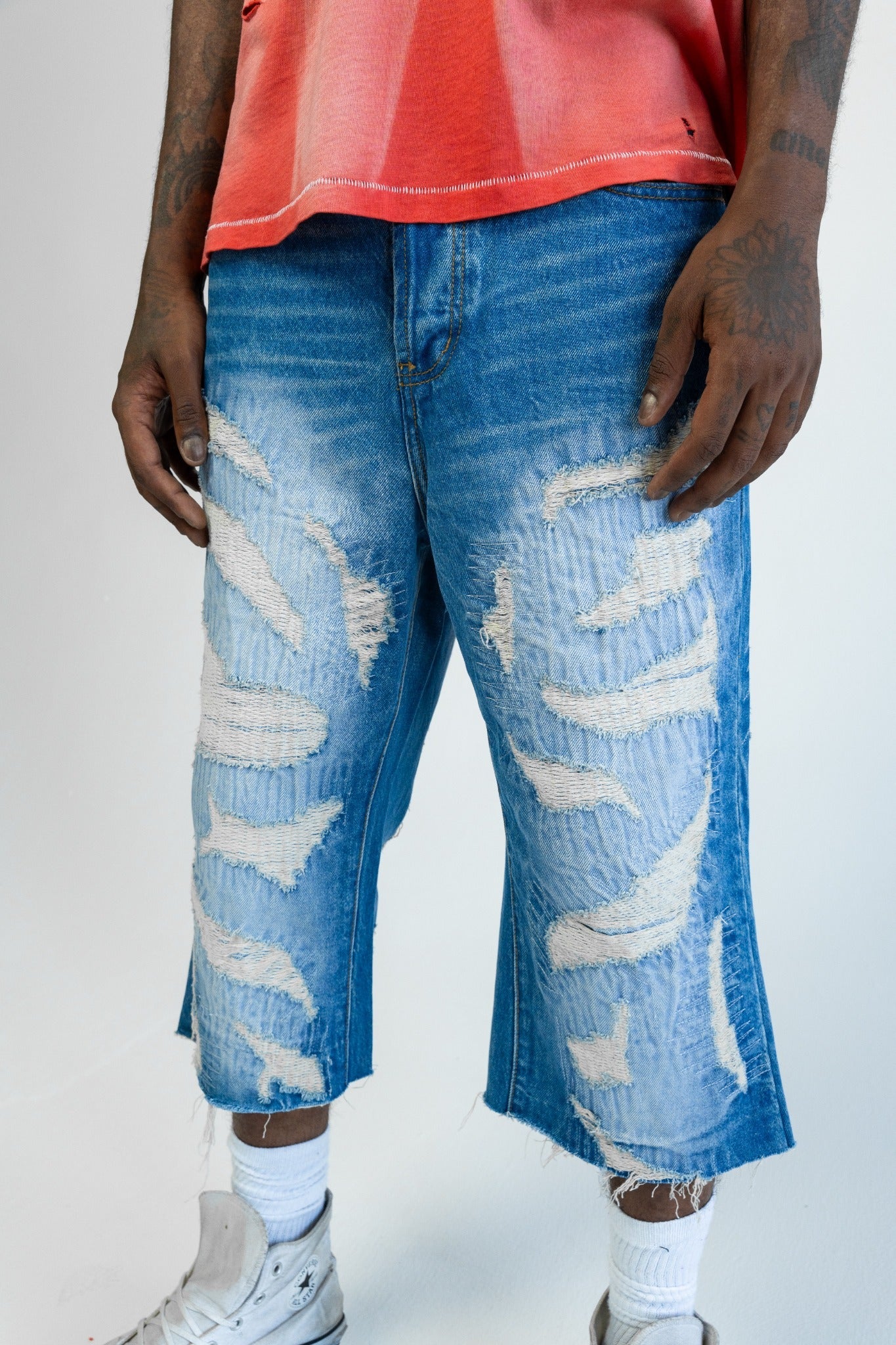 Distressed Capri Jorts on-body