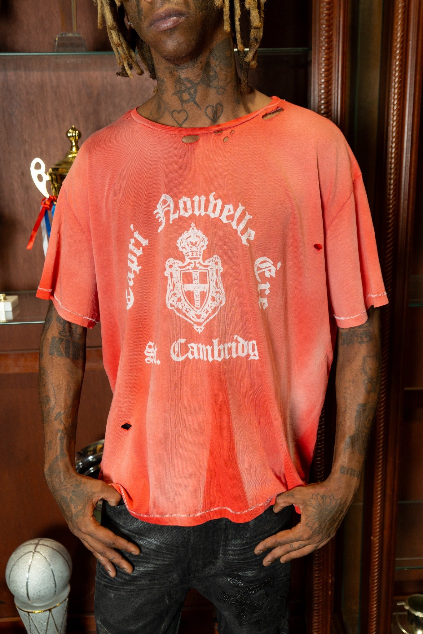 Noble Crest Tee crimson red on-body