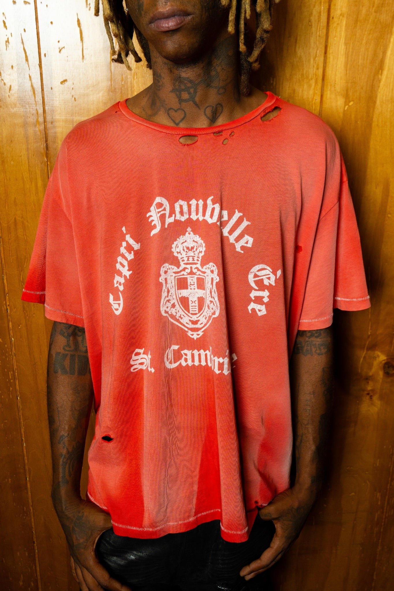 Noble Crest Tee crimson red front detail